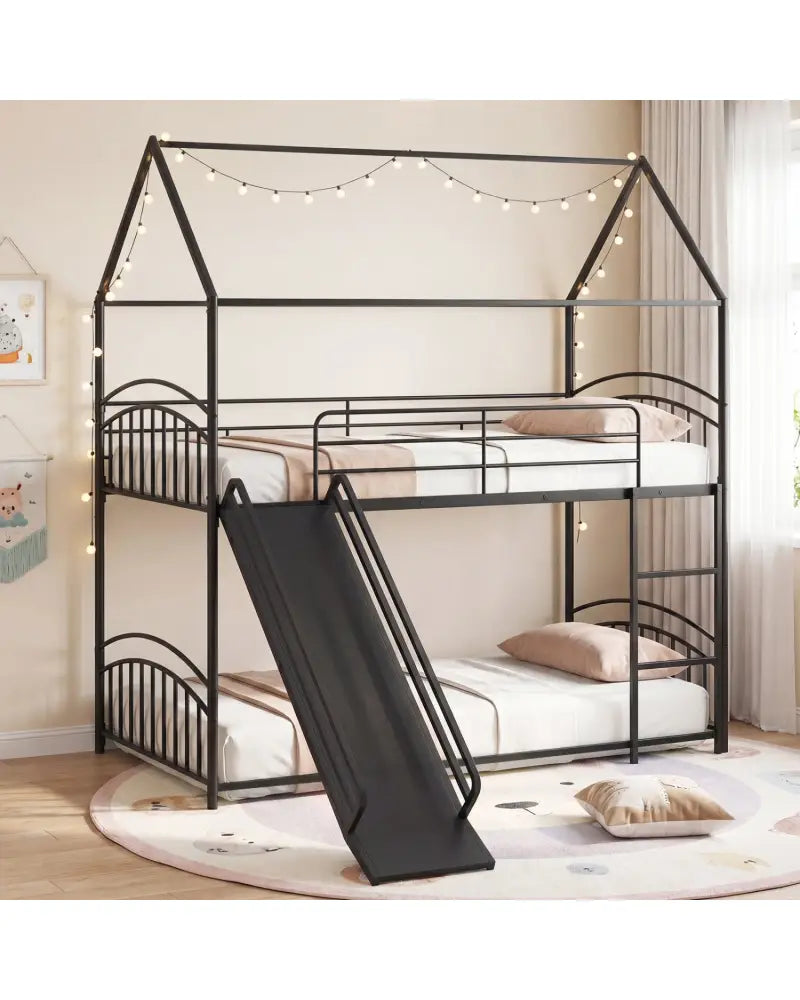 Bunk Bed Twin Over Twin House Bunk Bed Frame with Metal Slats-Black - Black - Bunk Bed Frame