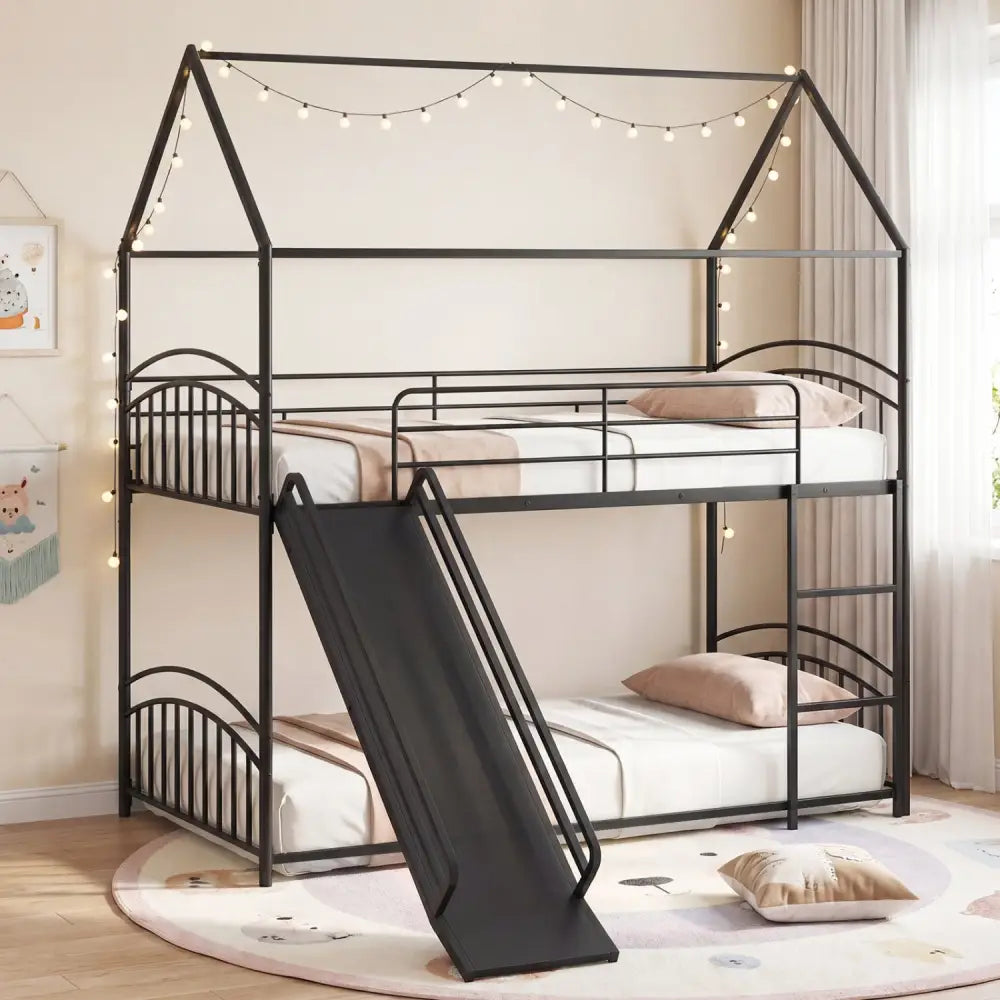 Bunk Bed Twin Over Twin House Bunk Bed Frame with Metal Slats-Black - Black - Bunk Bed Frame
