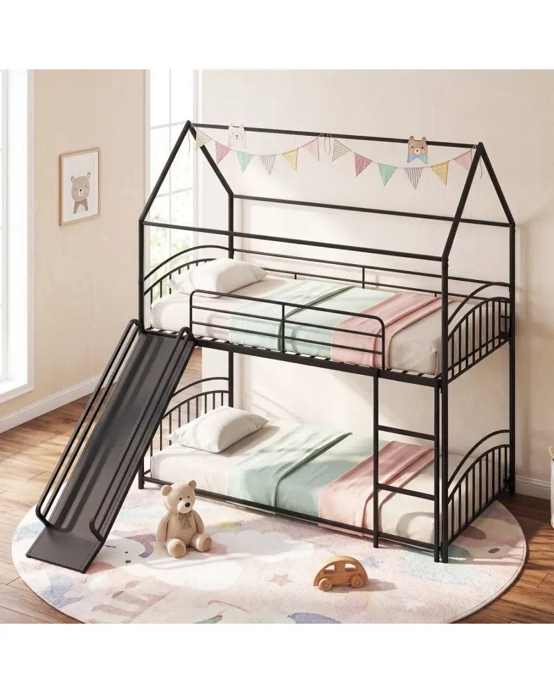 Bunk Bed Twin Over Twin House Bunk Bed Frame with Metal Slats-Black - Black - Bunk Bed Frame