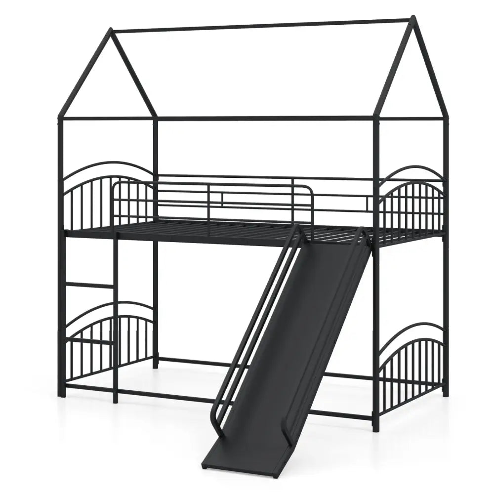 Bunk Bed Twin Over Twin House Bunk Bed Frame with Metal Slats-Black - Black - Bunk Bed Frame