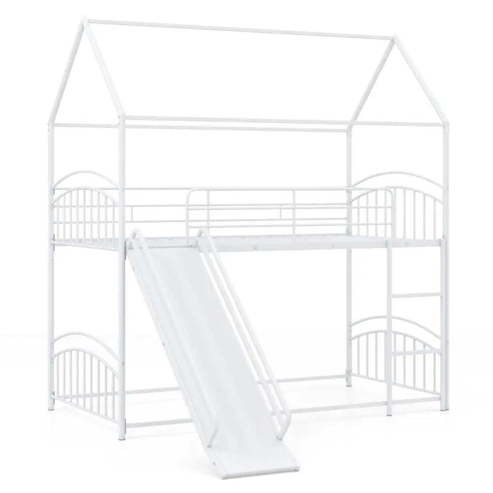 Bunk Bed Twin Over Twin House Bunk Bed Frame with Metal Slats-White - White - Bunk Bed Frame