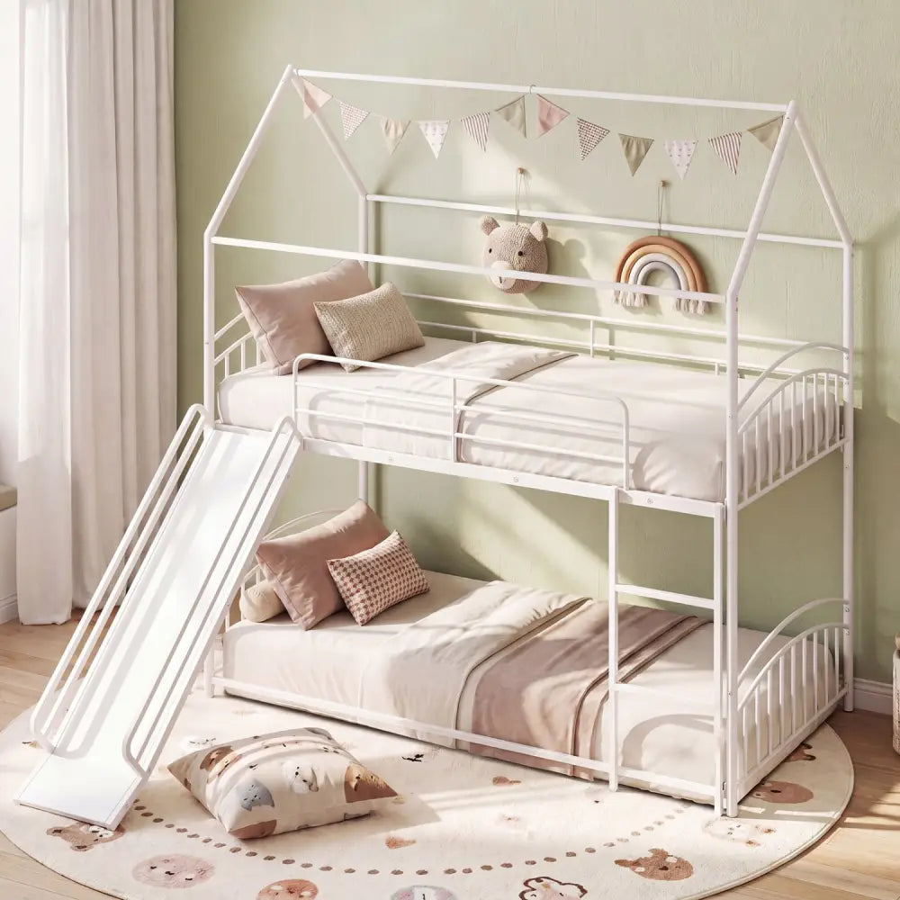 Bunk Bed Twin Over Twin House Bunk Bed Frame with Metal Slats-White - White - Bunk Bed Frame