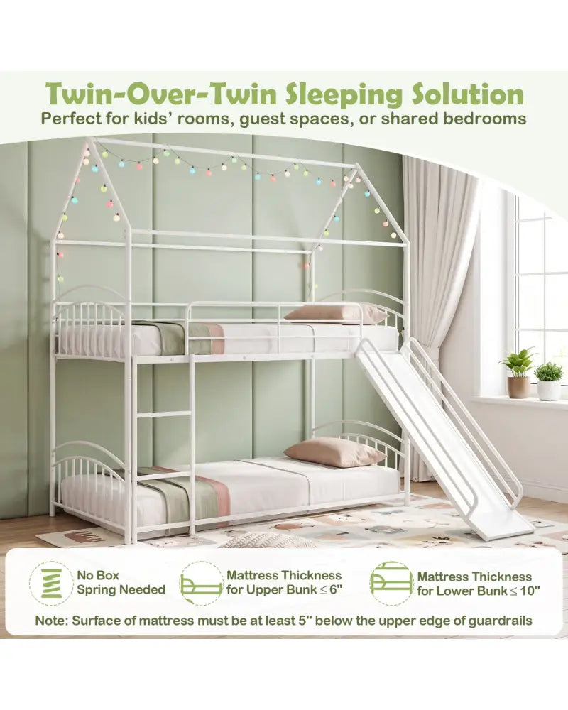 Bunk Bed Twin Over Twin House Bunk Bed Frame with Metal Slats-White - White - Bunk Bed Frame