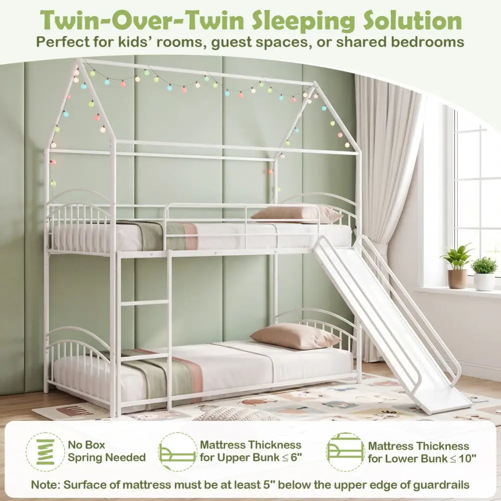 Bunk Bed Twin Over Twin House Bunk Bed Frame with Metal Slats-White - White - Bunk Bed Frame
