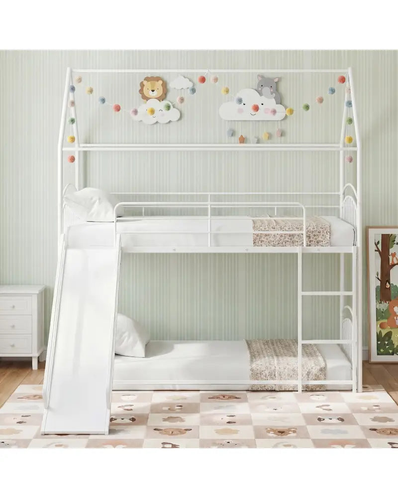 Bunk Bed Twin Over Twin House Bunk Bed Frame with Metal Slats-White - White - Bunk Bed Frame