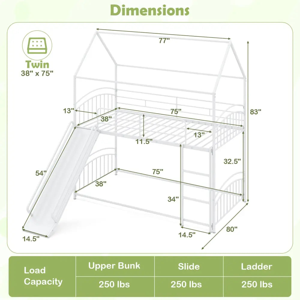 Bunk Bed Twin Over Twin House Bunk Bed Frame with Metal Slats-White - White - Bunk Bed Frame