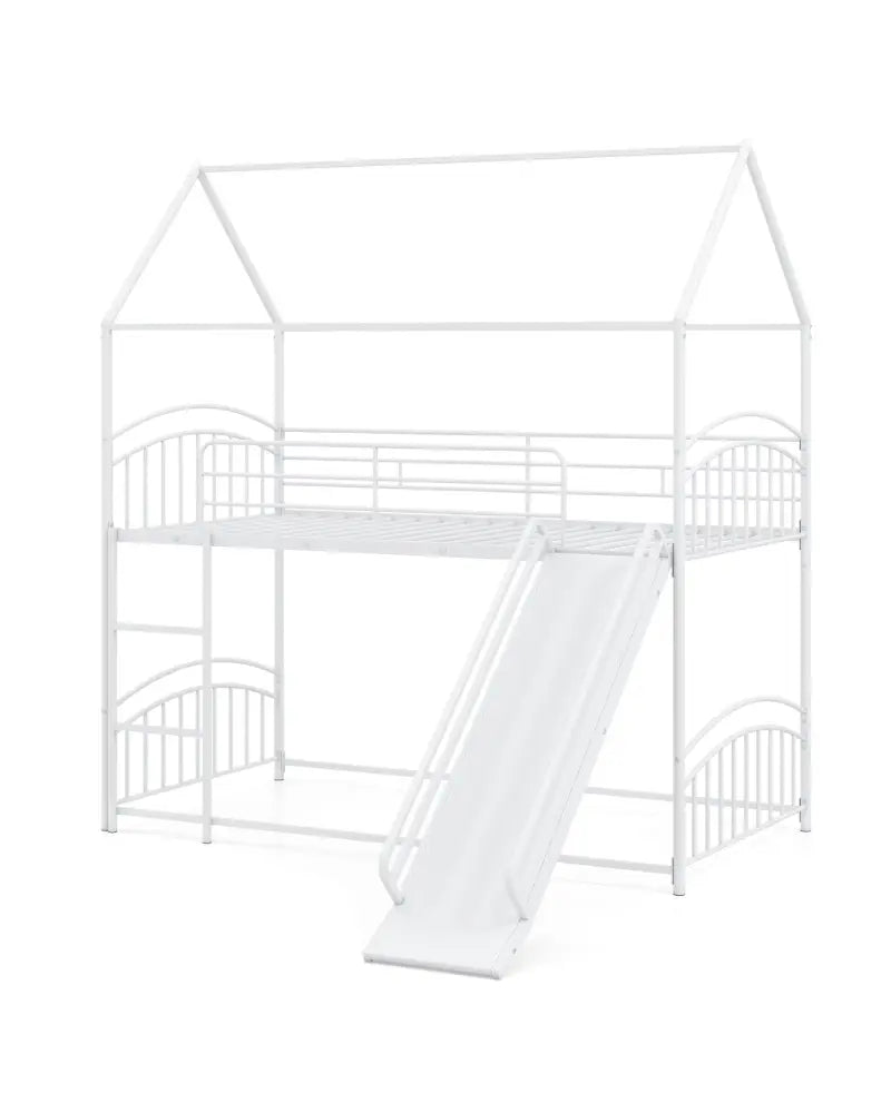 Bunk Bed Twin Over Twin House Bunk Bed Frame with Metal Slats-White - White - Bunk Bed Frame
