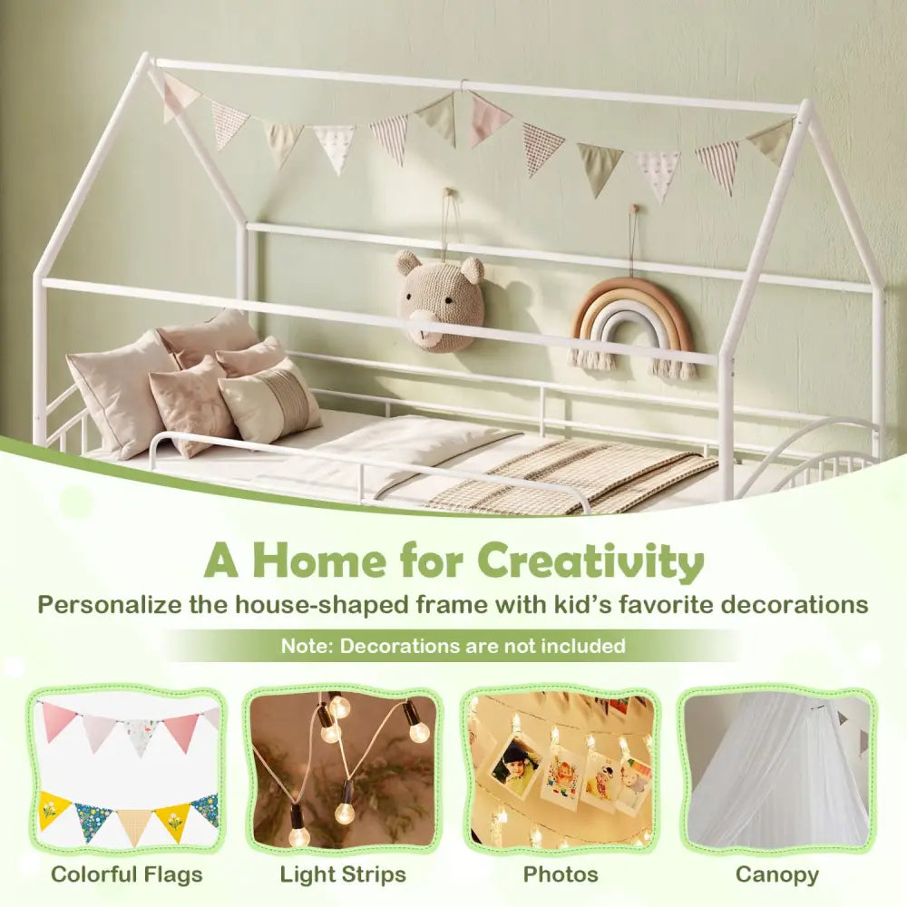 Bunk Bed Twin Over Twin House Bunk Bed Frame with Metal Slats-White - White - Bunk Bed Frame