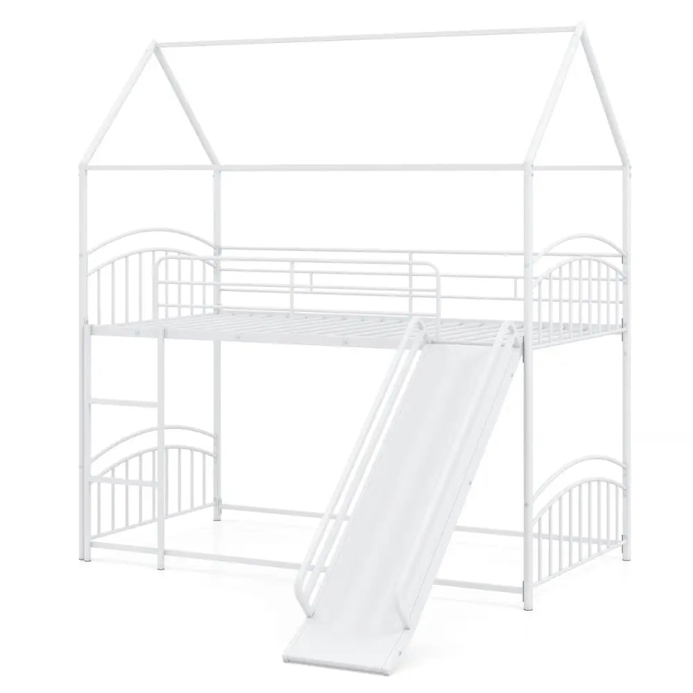 Bunk Bed Twin Over Twin House Bunk Bed Frame with Metal Slats-White - White - Bunk Bed Frame