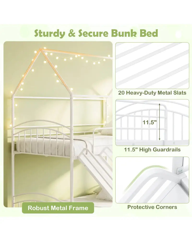 Bunk Bed Twin Over Twin House Bunk Bed Frame with Metal Slats-White - White - Bunk Bed Frame