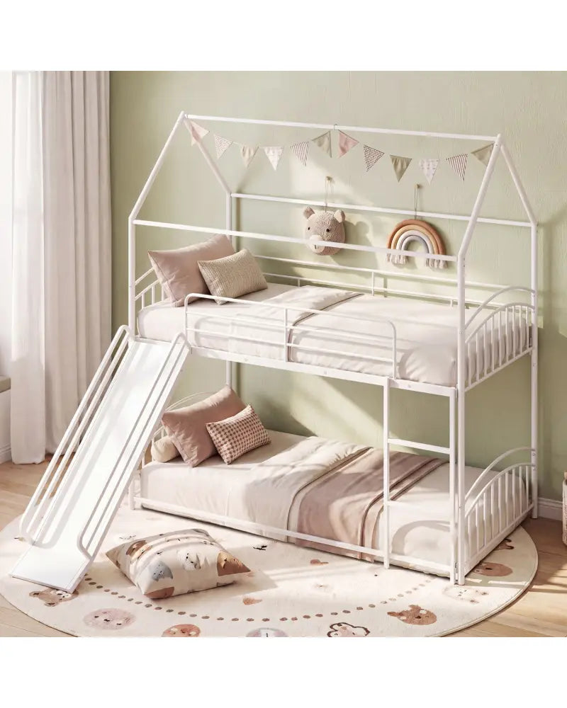 Bunk Bed Twin Over Twin House Bunk Bed Frame with Metal Slats-White - White - Bunk Bed Frame