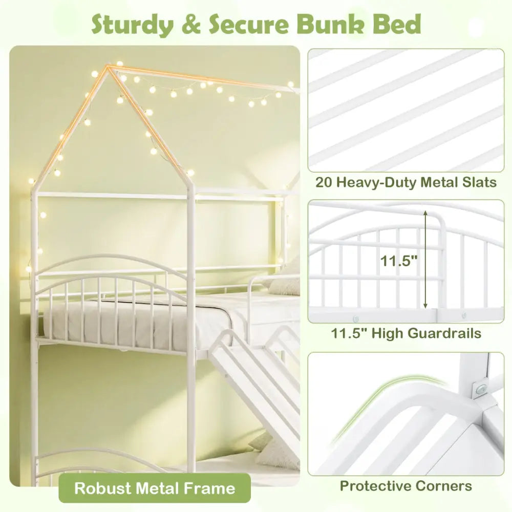 Bunk Bed Twin Over Twin House Bunk Bed Frame with Metal Slats-White - White - Bunk Bed Frame