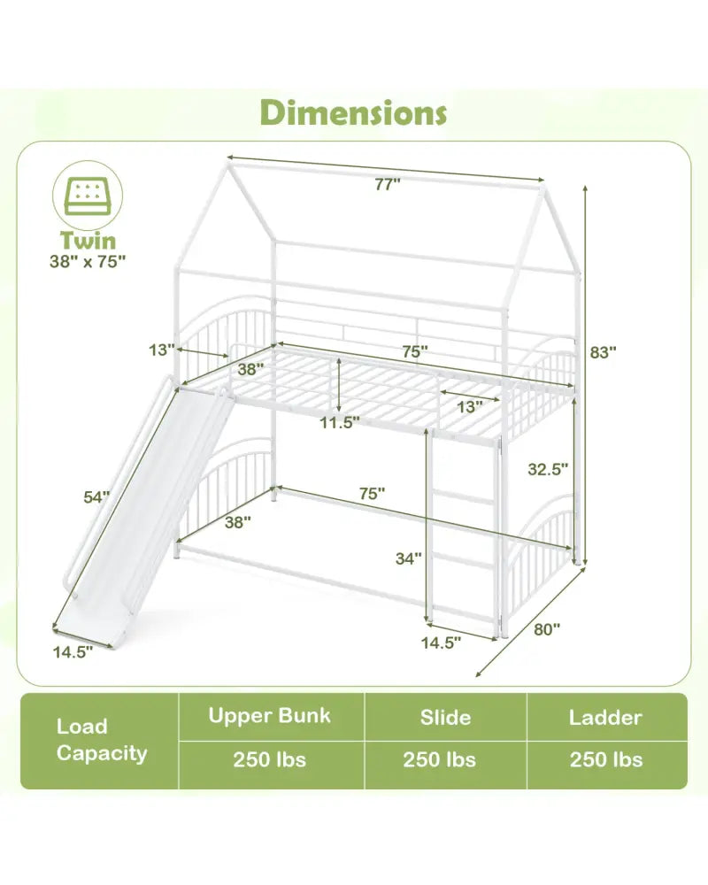 Bunk Bed Twin Over Twin House Bunk Bed Frame with Metal Slats-White - White - Bunk Bed Frame