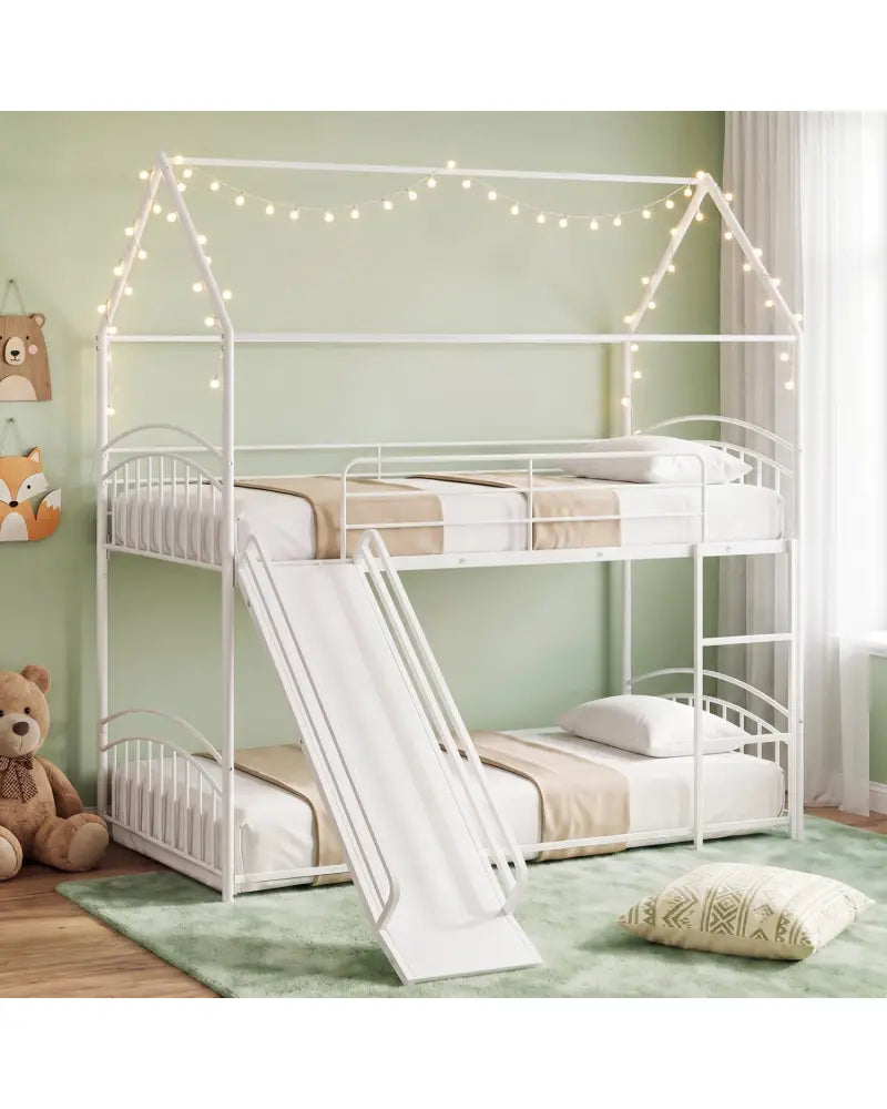 Bunk Bed Twin Over Twin House Bunk Bed Frame with Metal Slats-White - White - Bunk Bed Frame