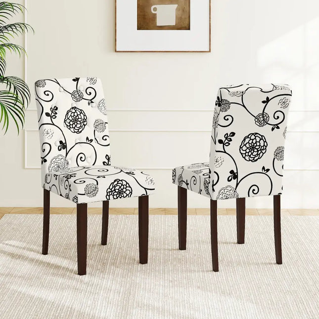 Button Tufted Fabric Upholstered Wooden Dining Chair Set of 2 with High Curved Back-Beige - Beige - Dining Chairs
