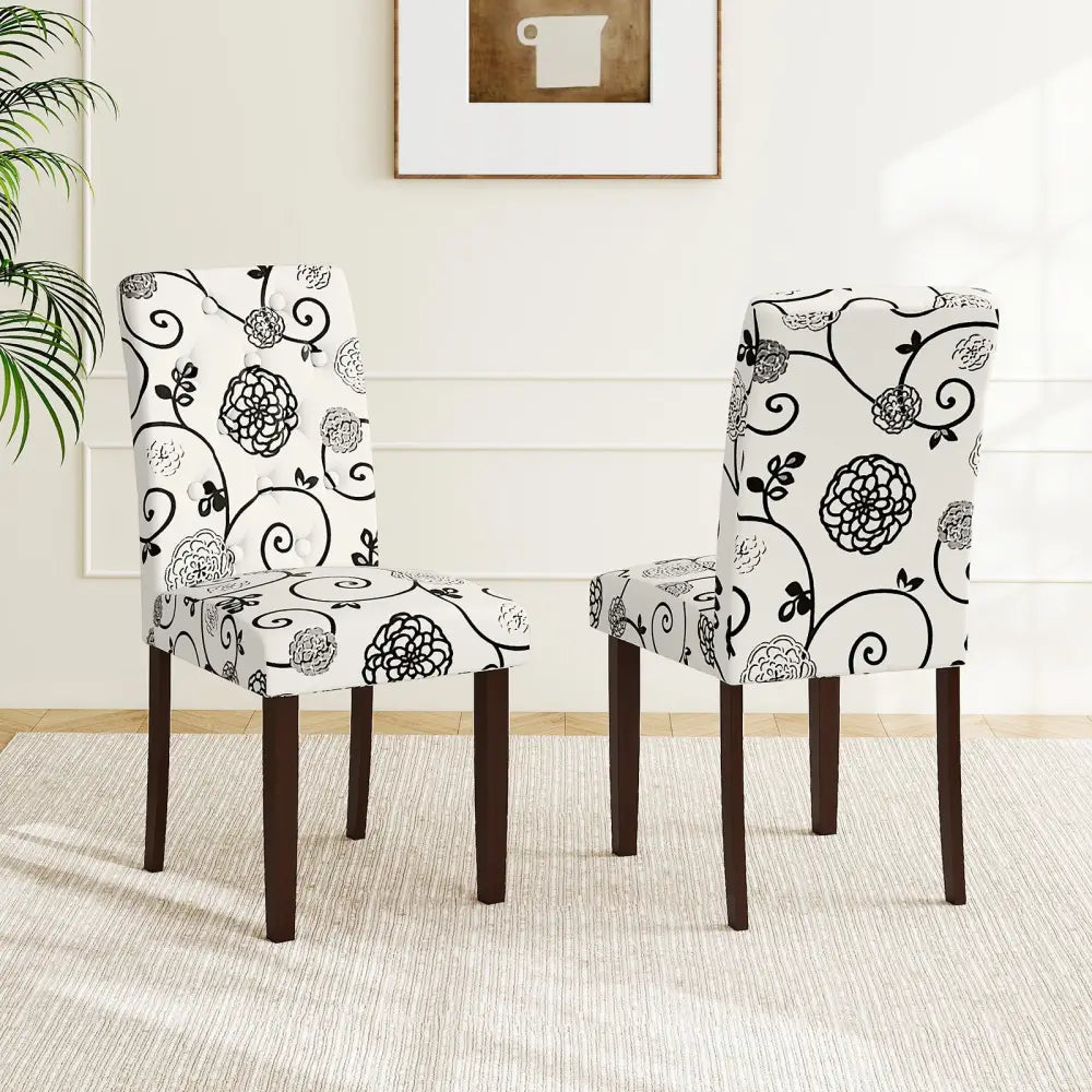 Button Tufted Fabric Upholstered Wooden Dining Chair Set of 2 with High Curved Back-Beige - Beige - Dining Chairs