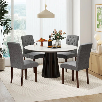Button Tufted Fabric Upholstered Wooden Dining Chair Set of 2 with High Curved Back-Gray - Gray - Dining Chairs