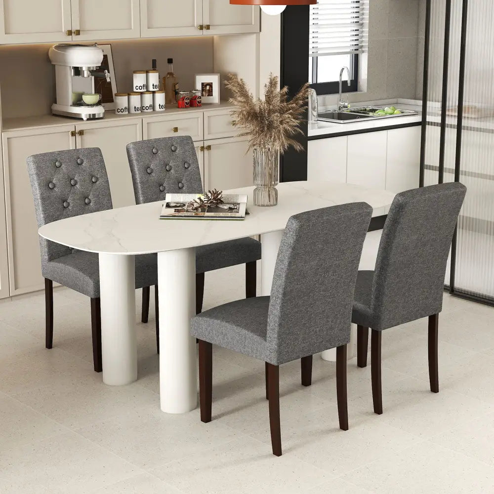 Button Tufted Fabric Upholstered Wooden Dining Chair Set of 2 with High Curved Back-Gray - Gray - Dining Chairs