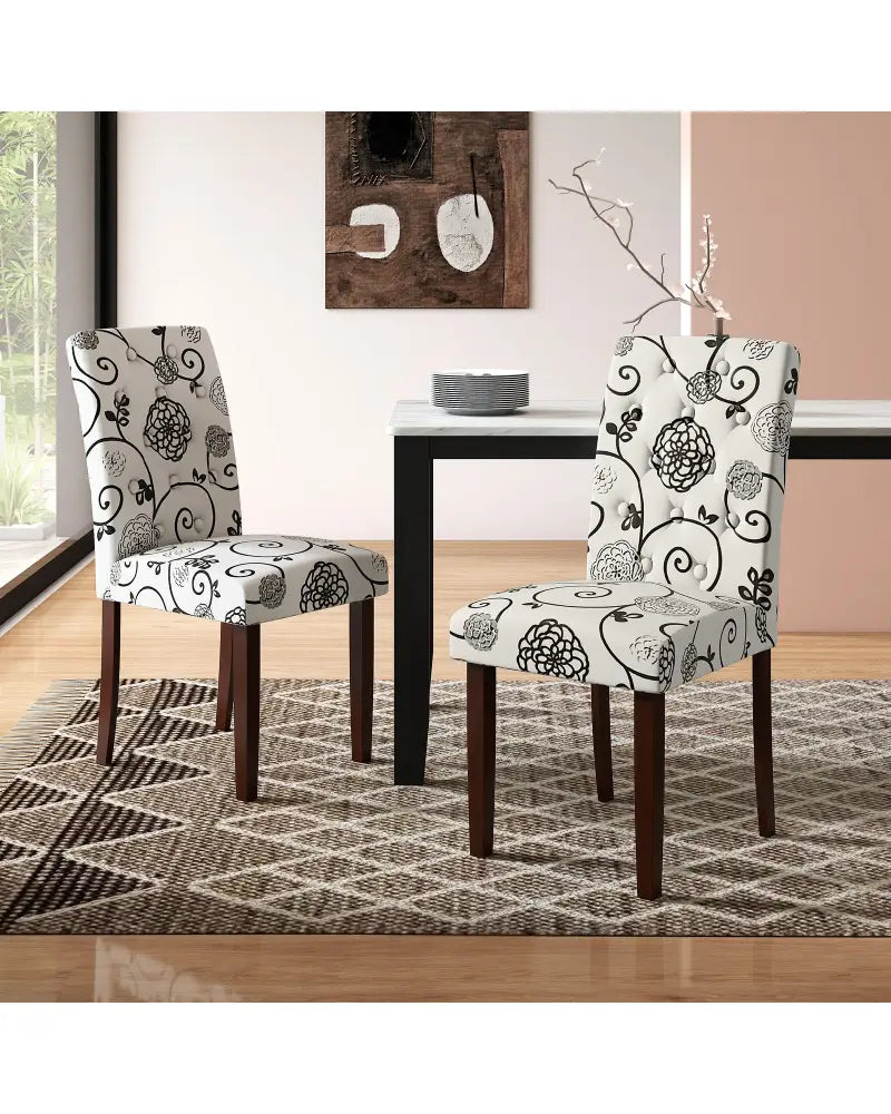 Button Tufted Fabric Upholstered Wooden Dining Chair Set of 2 with High Curved Back-Beige - Beige - Dining Chairs