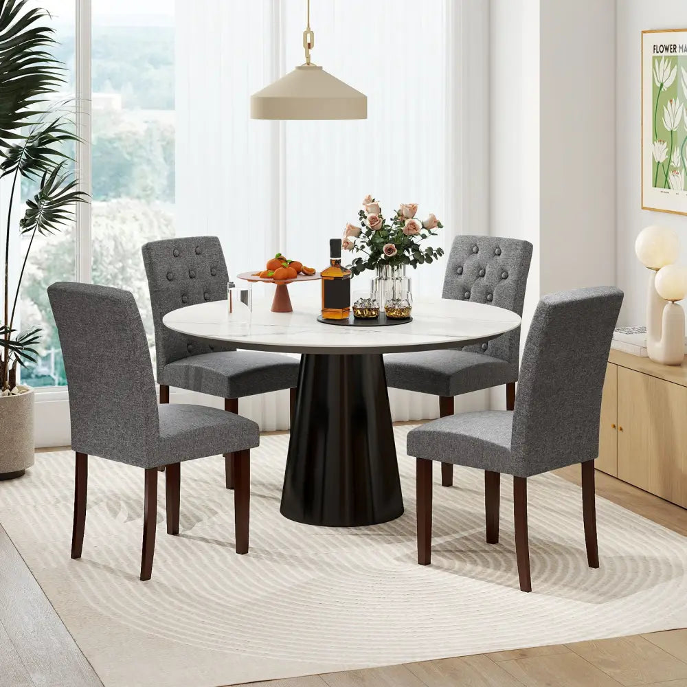 Button Tufted Fabric Upholstered Wooden Dining Chair Set of 2 with High Curved Back-Gray - Gray - Dining Chairs