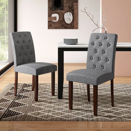Button Tufted Fabric Upholstered Wooden Dining Chair Set of 2 with High Curved Back-Gray - Gray - Dining Chairs