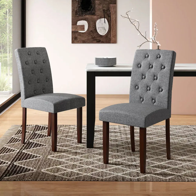 Button Tufted Fabric Upholstered Wooden Dining Chair Set of 2 with High Curved Back-Gray - Gray - Dining Chairs