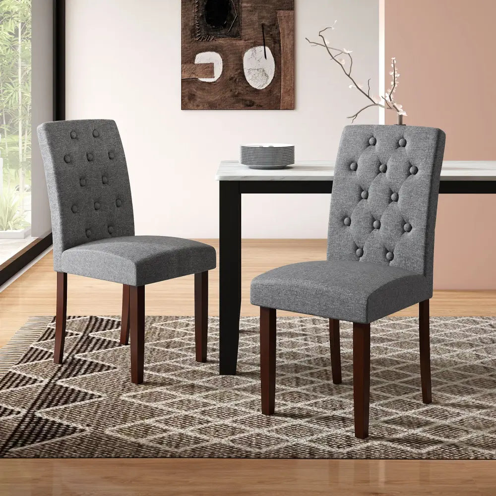 Button Tufted Fabric Upholstered Wooden Dining Chair Set of 2 with High Curved Back-Gray - Gray - Dining Chairs