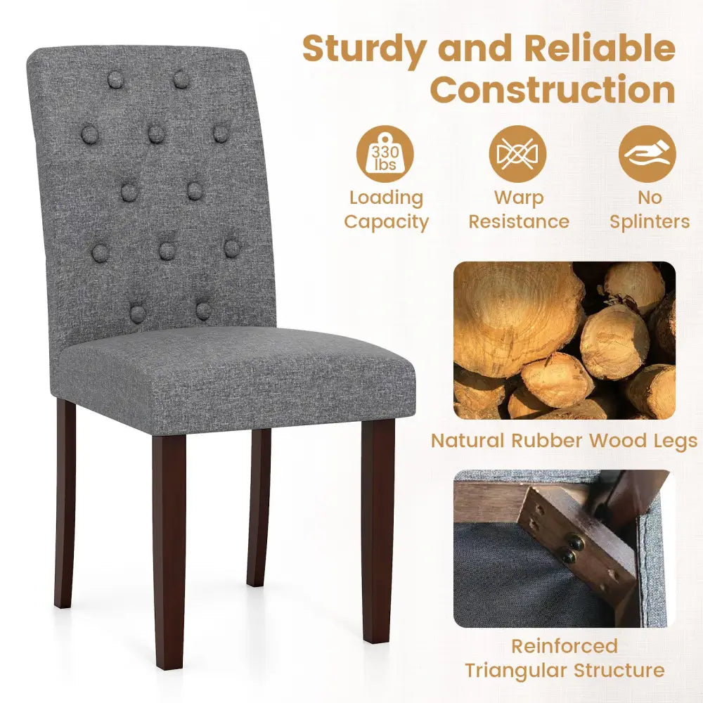 Button Tufted Fabric Upholstered Wooden Dining Chair Set of 2 with High Curved Back-Gray - Gray - Dining Chairs