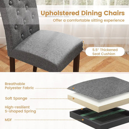 Button Tufted Fabric Upholstered Wooden Dining Chair Set of 2 with High Curved Back-Gray - Gray - Dining Chairs