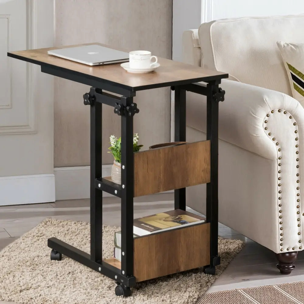 C-Shape Mobile Snack End Table with Storage Shelves - Walnut - End & Side Tables