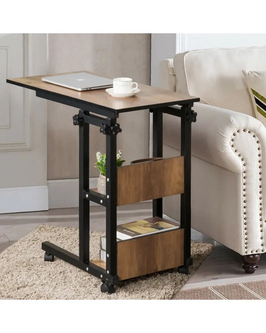 C-Shape Mobile Snack End Table with Storage Shelves - Walnut - End & Side Tables