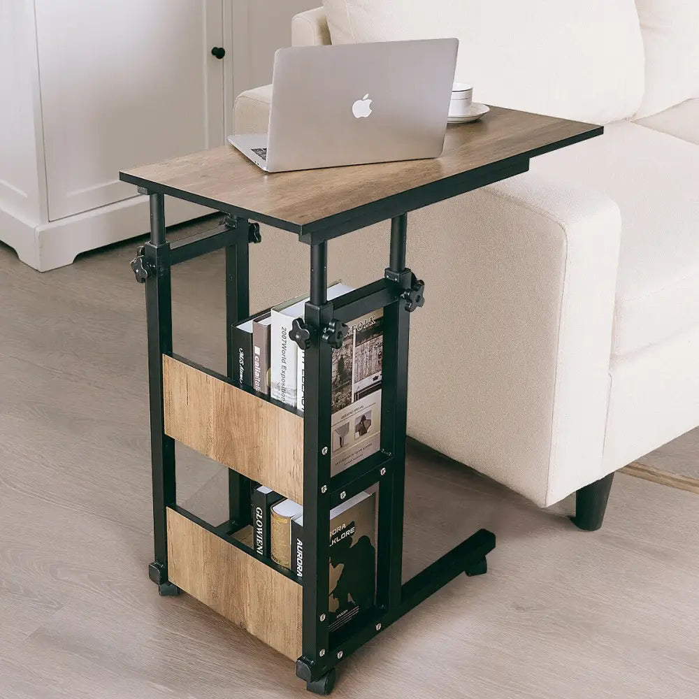 C-Shape Mobile Snack End Table with Storage Shelves - Walnut - End & Side Tables