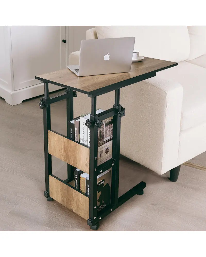 C-Shape Mobile Snack End Table with Storage Shelves - Walnut - End & Side Tables