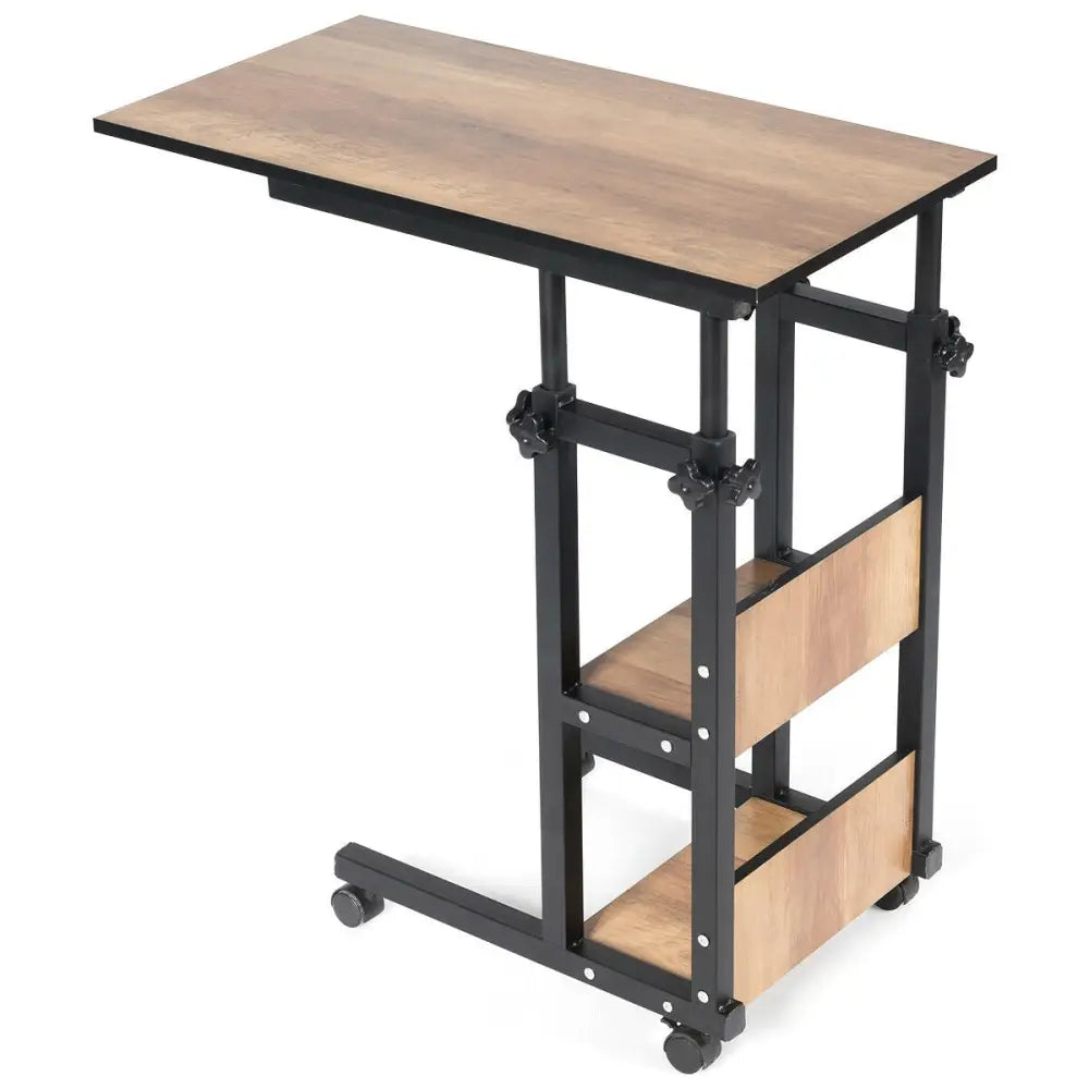 C-Shape Mobile Snack End Table with Storage Shelves - Walnut - End & Side Tables