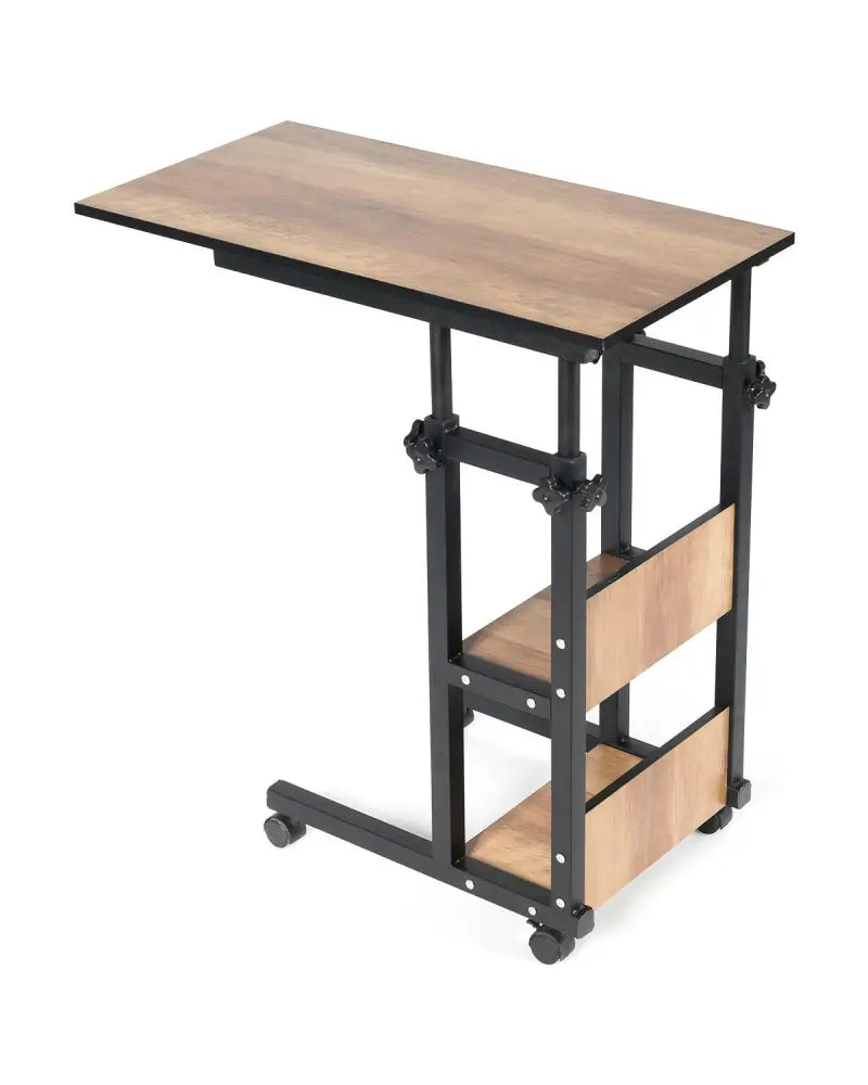C-Shape Mobile Snack End Table with Storage Shelves - Walnut - End & Side Tables