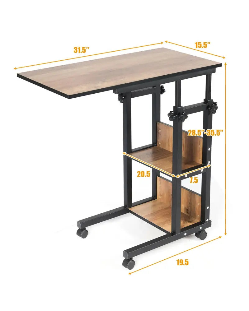 C-Shape Mobile Snack End Table with Storage Shelves - Walnut - End & Side Tables