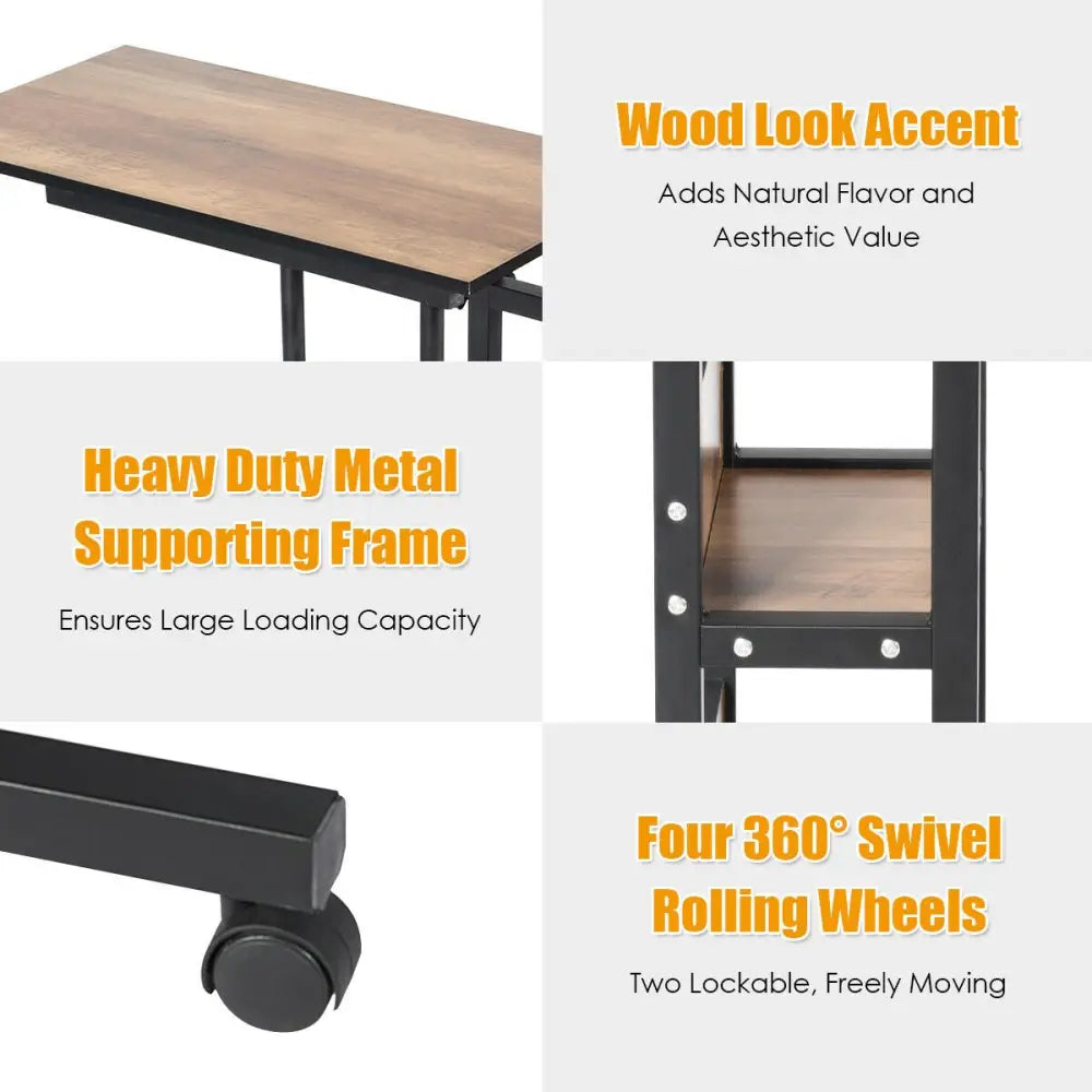 C-Shape Mobile Snack End Table with Storage Shelves - Walnut - End & Side Tables