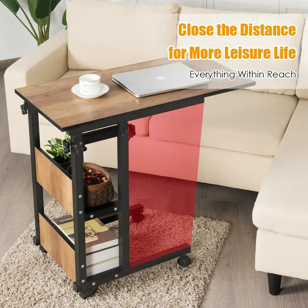 C-Shape Mobile Snack End Table with Storage Shelves - Walnut - End & Side Tables