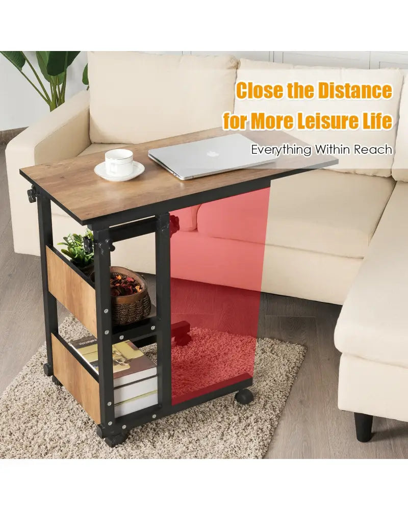 C-Shape Mobile Snack End Table with Storage Shelves - Walnut - End & Side Tables