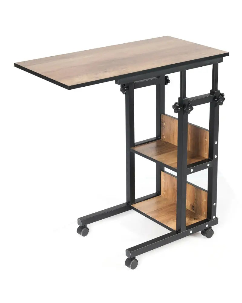 C-Shape Mobile Snack End Table with Storage Shelves - Walnut - End & Side Tables