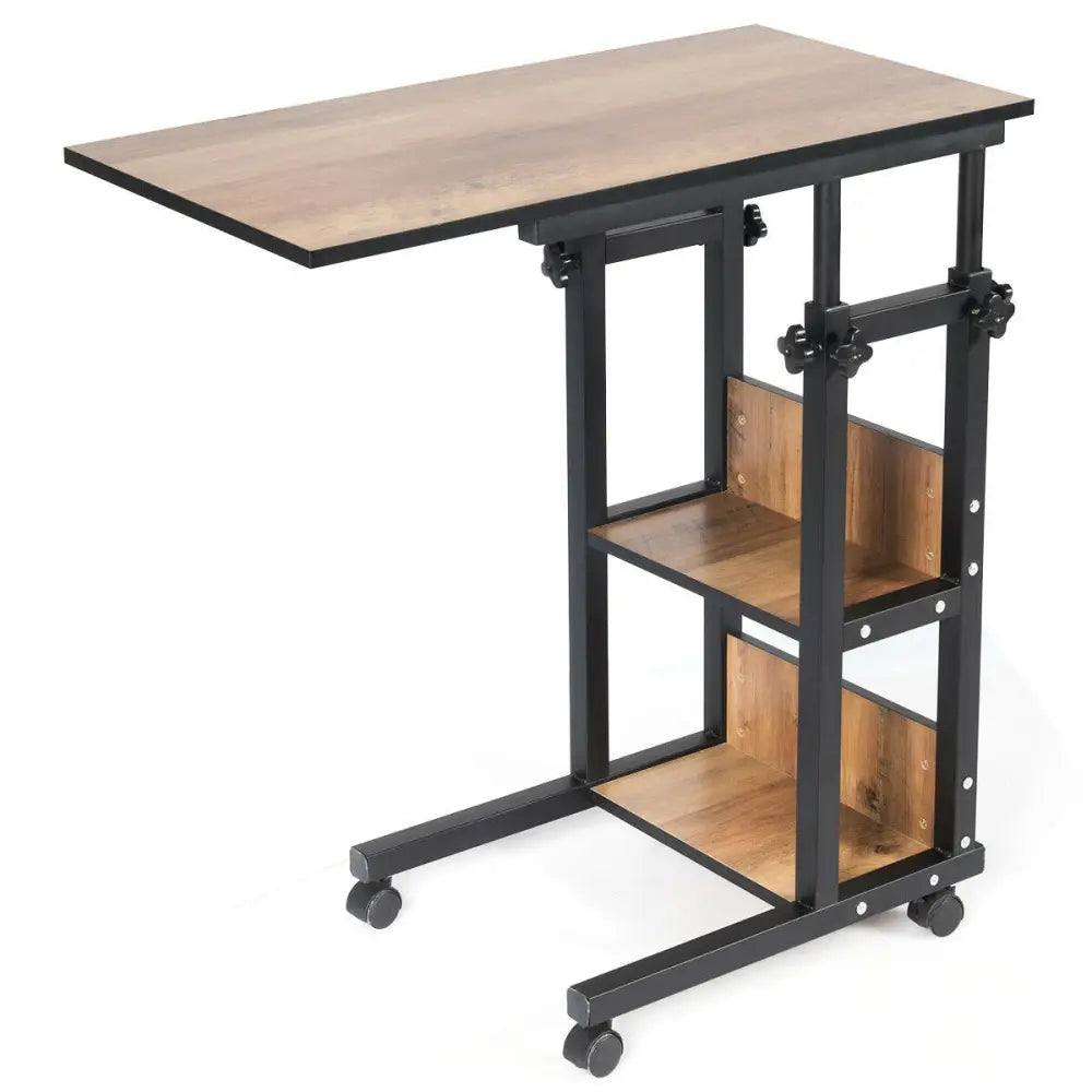 C-Shape Mobile Snack End Table with Storage Shelves - Walnut - End & Side Tables