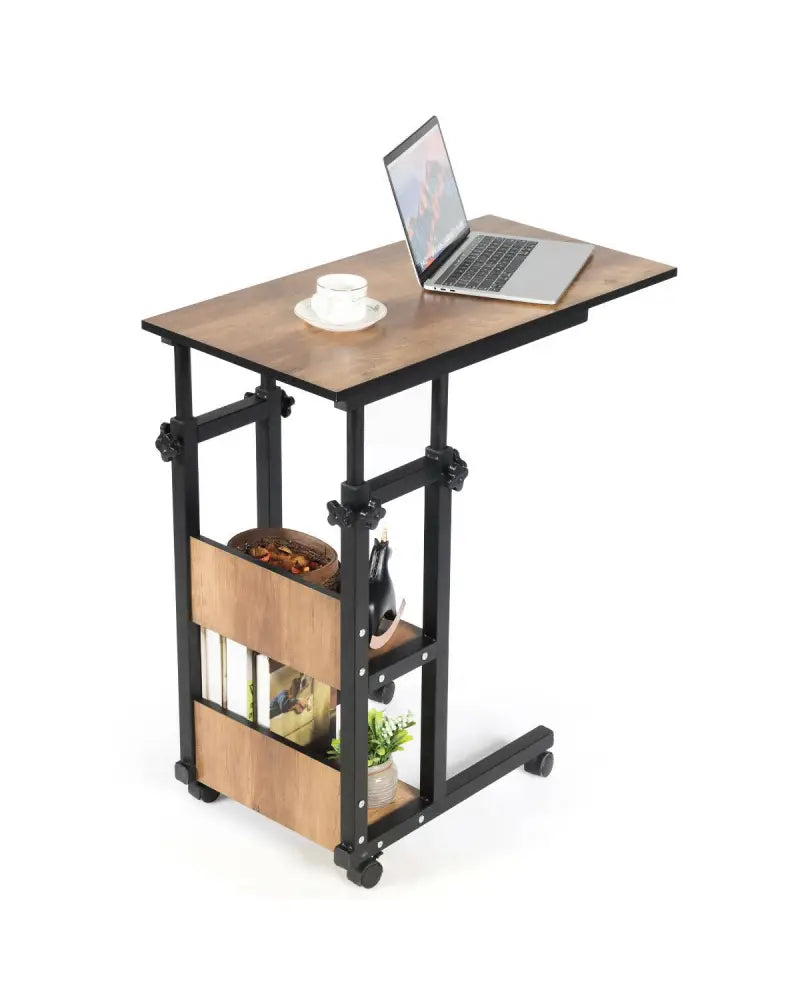 C-Shape Mobile Snack End Table with Storage Shelves - Walnut - End & Side Tables
