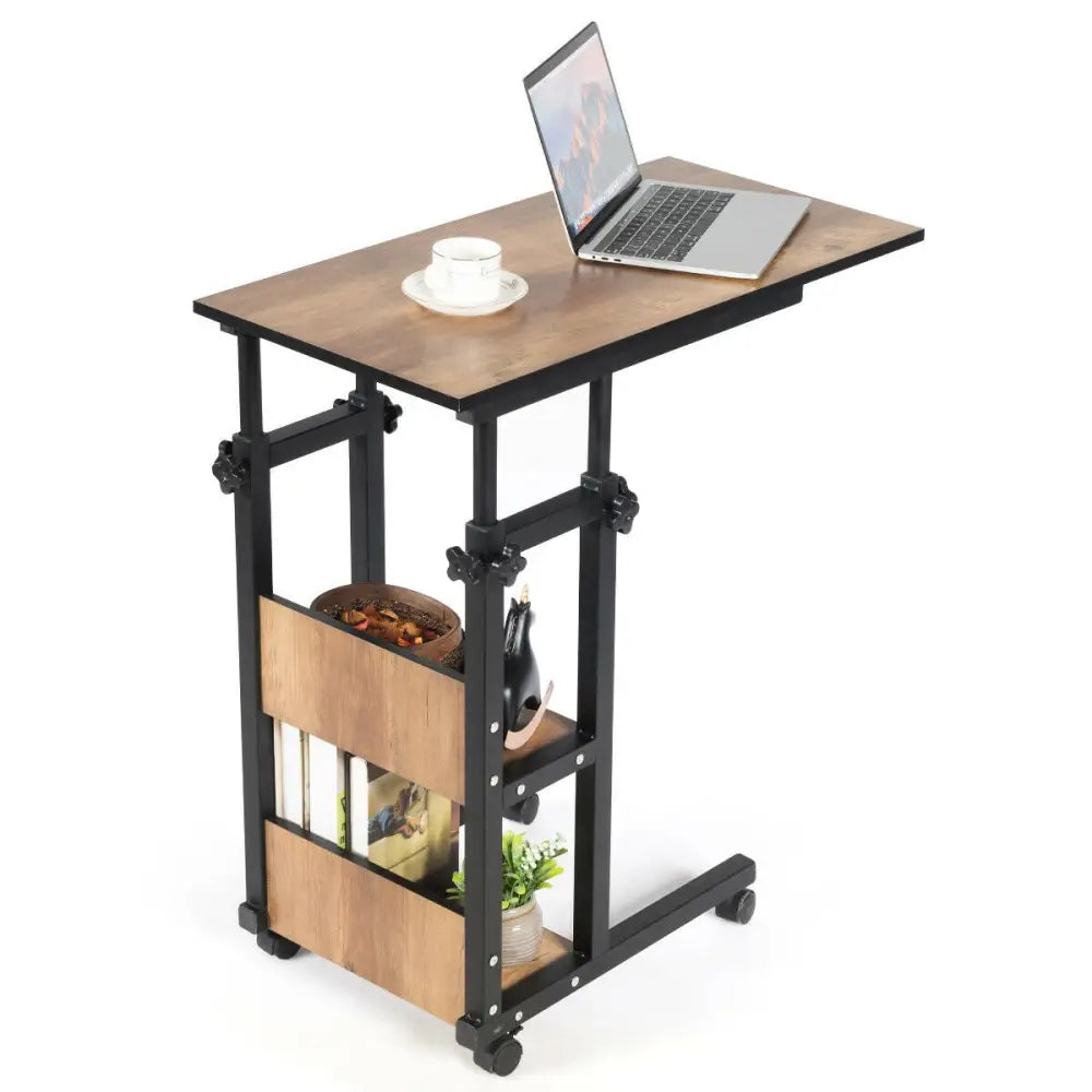 C-Shape Mobile Snack End Table with Storage Shelves - Walnut - End & Side Tables