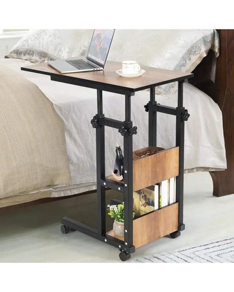 C-Shape Mobile Snack End Table with Storage Shelves - Walnut - End & Side Tables