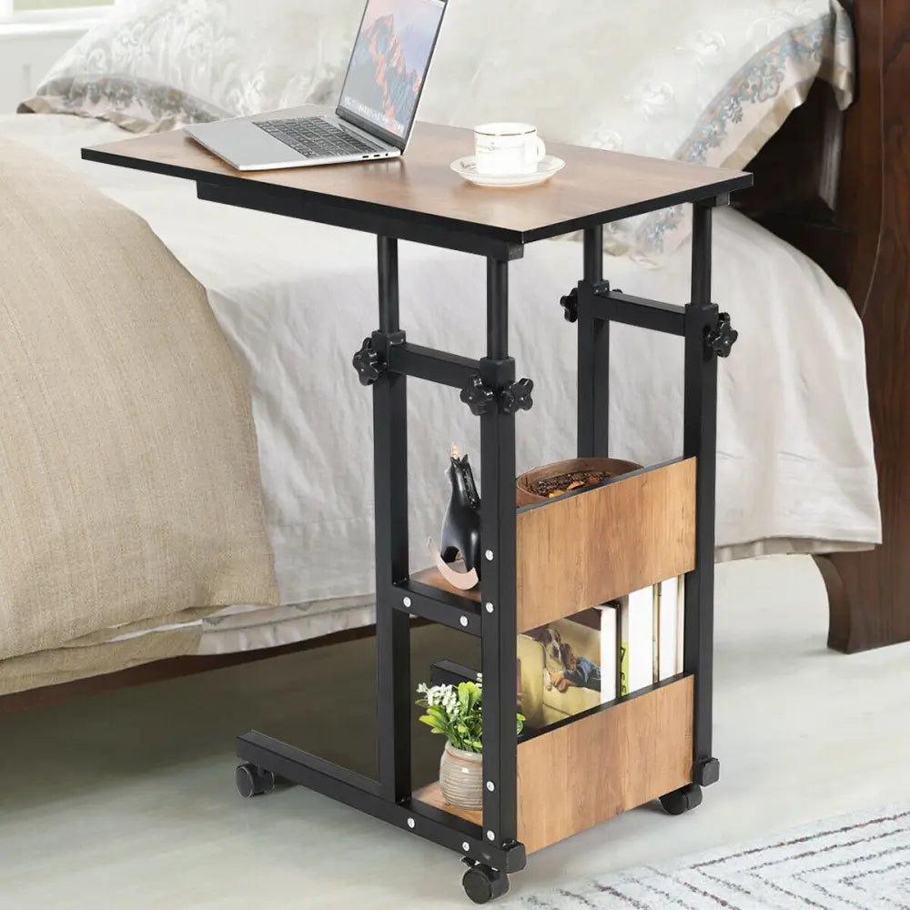 C-Shape Mobile Snack End Table with Storage Shelves - Walnut - End & Side Tables