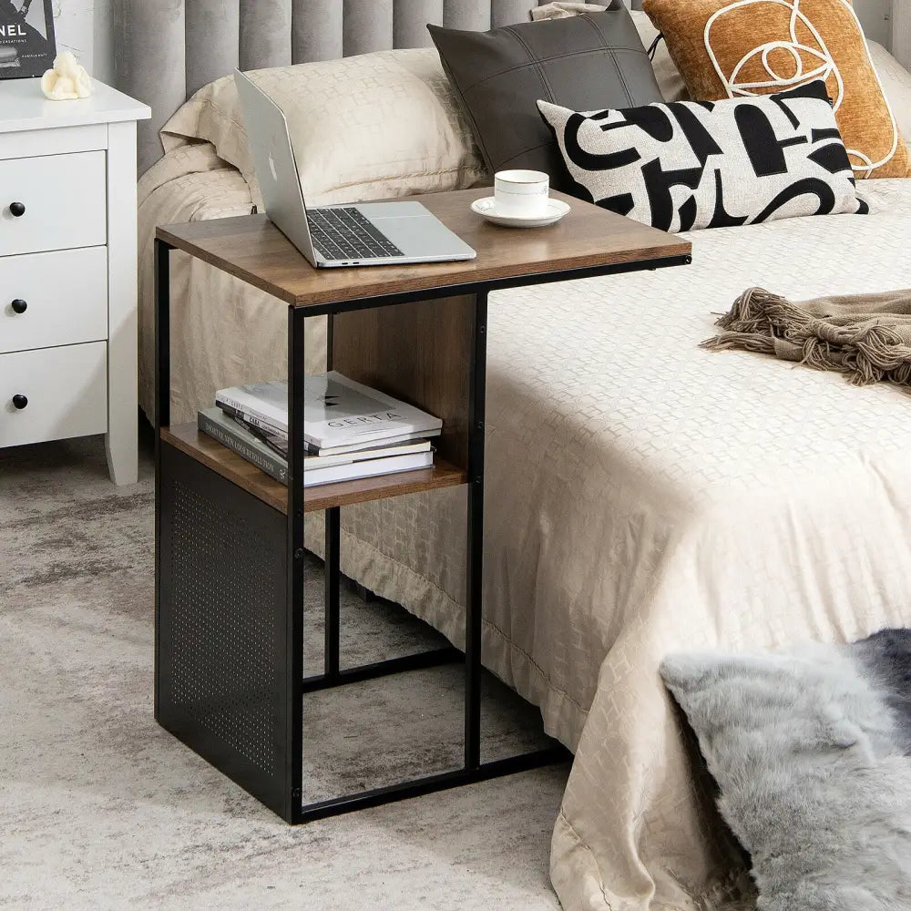 C Shape Sofa Side End Table with Wooden Shelf-Brown - Brown - End & Side Tables