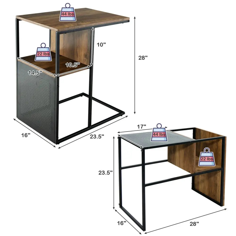 C Shape Sofa Side End Table with Wooden Shelf-Brown - Brown - End & Side Tables