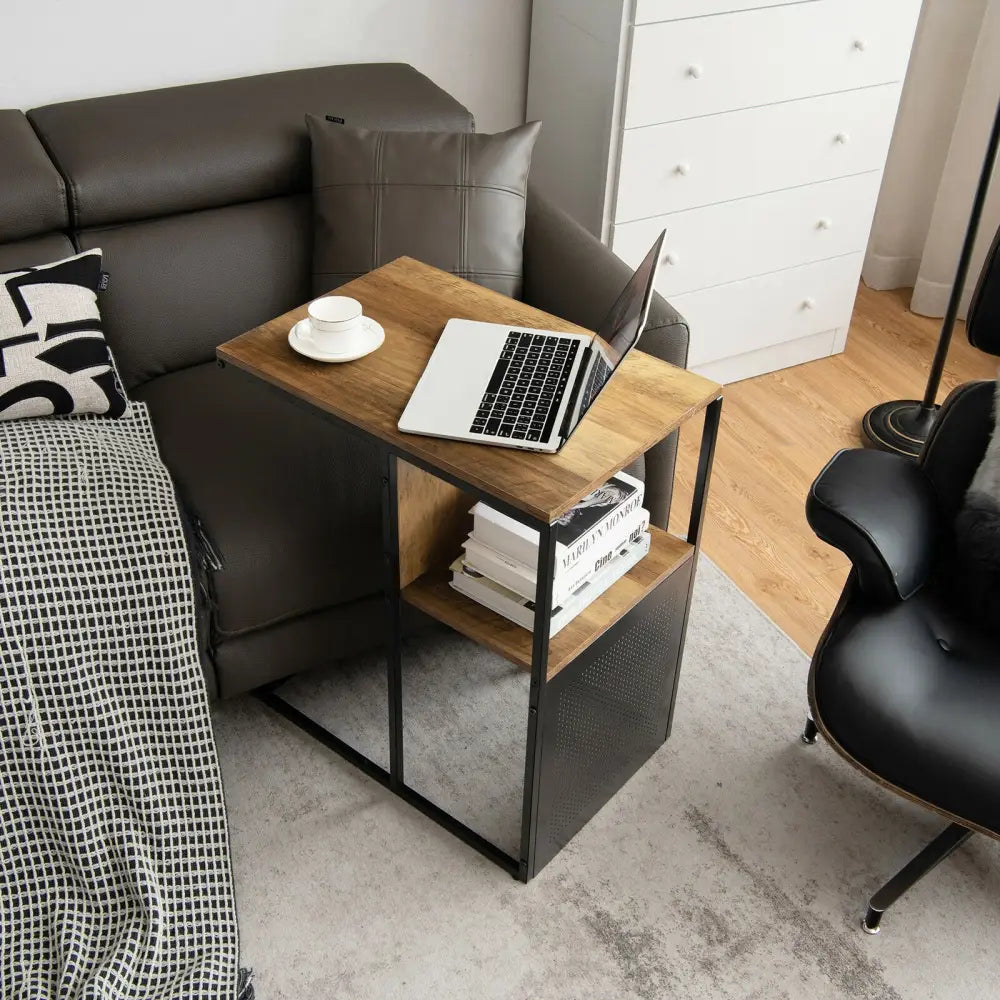 C Shape Sofa Side End Table with Wooden Shelf-Brown - Brown - End & Side Tables