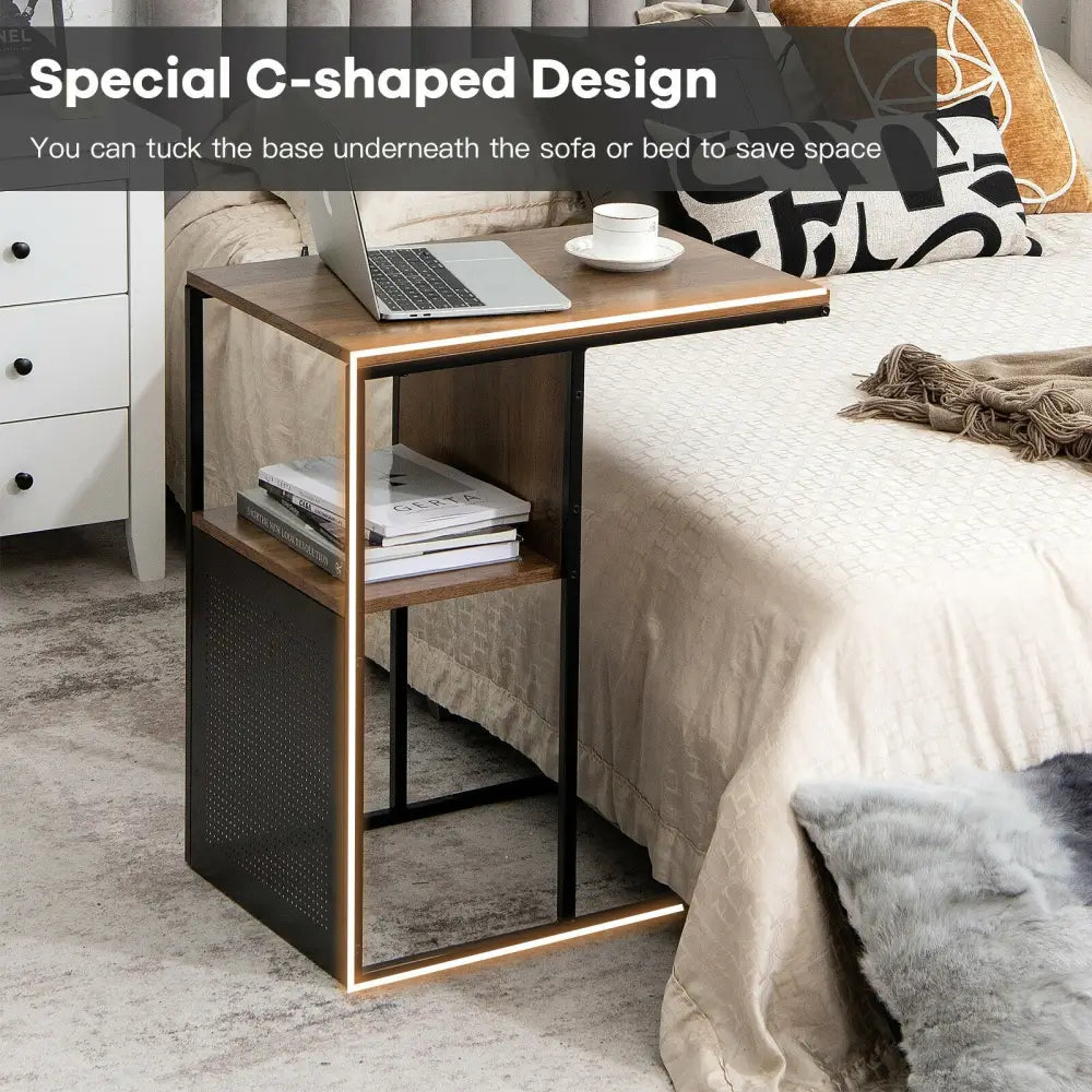 C Shape Sofa Side End Table with Wooden Shelf-Brown - Brown - End & Side Tables