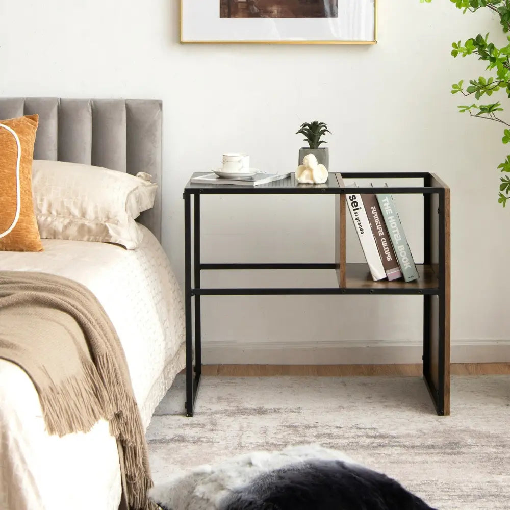C Shape Sofa Side End Table with Wooden Shelf-Brown - Brown - End & Side Tables